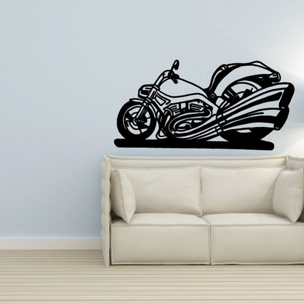 Motorcycle wall decal in black vinyl, racing-style motorcycle silhouette with side profile.