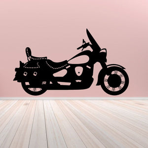 Motorcycle wall decal vinyl, black motorcycle silhouette with wheels and rider