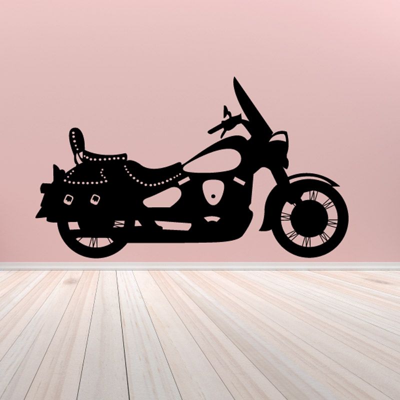 Motorcycle wall decal vinyl, black motorcycle silhouette with wheels and rider