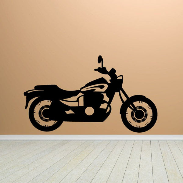 Motorcycle wall decal, black vinyl silhouette of a cruiser-style bike