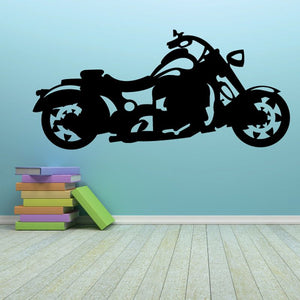 Black motorcycle vinyl wall decal silhouette with detailed wheels and engine