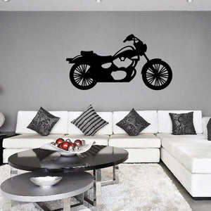 Black motorcycle wall decal with detailed bike silhouette and wheels