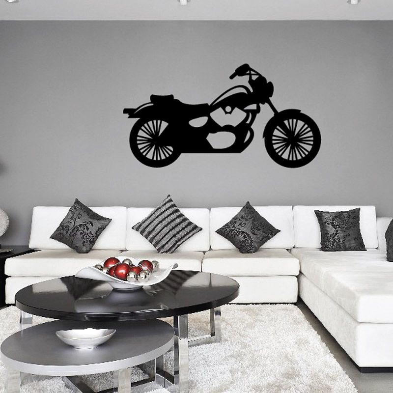 Black motorcycle wall decal with detailed bike silhouette and wheels