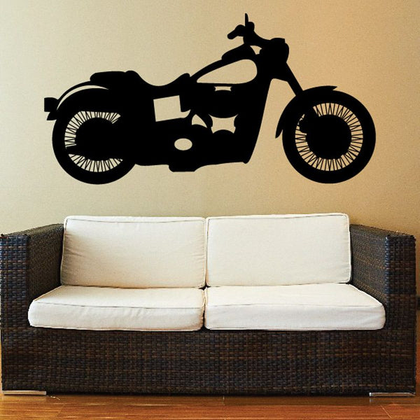 Black motorcycle wall decal with detailed front and rear wheel silhouette