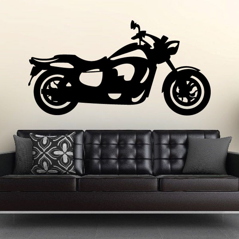 Black motorcycle vinyl wall decal silhouette with wheels and handlebars