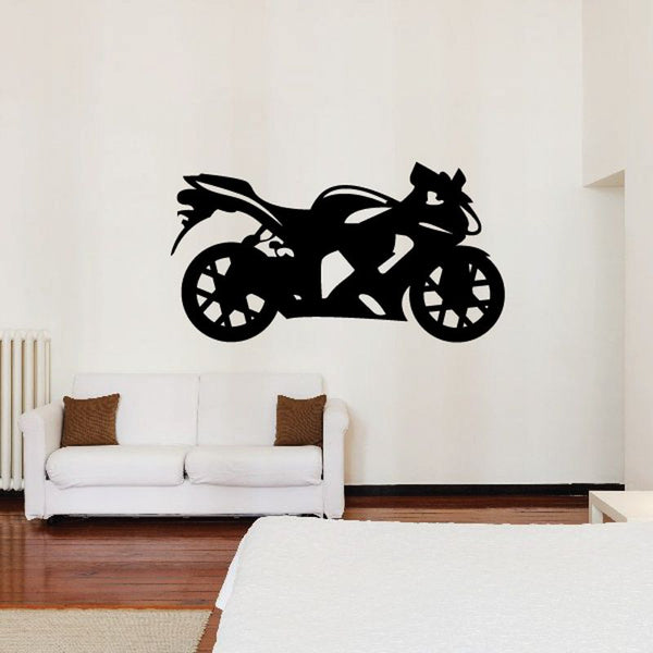 Motorcycle wall decal, black vinyl silhouette of a sportbike on a wall