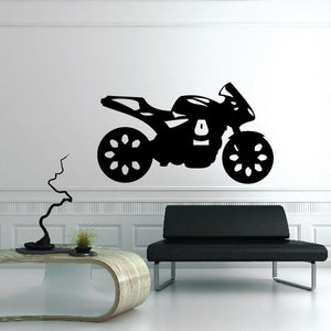Black motorcycle vinyl wall decal with wheels and front fairing silhouette