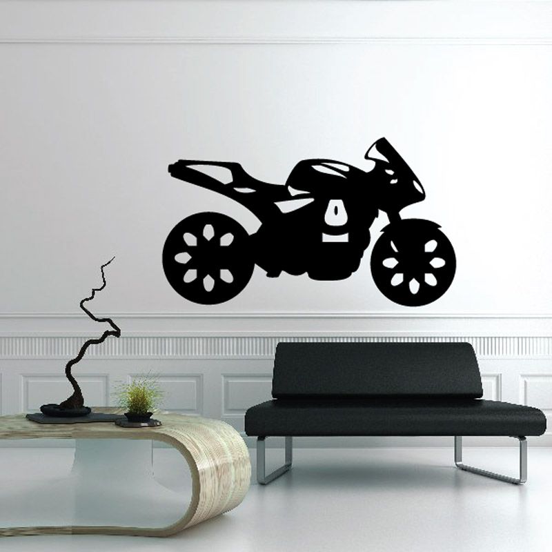 Black motorcycle vinyl wall decal with wheels and front fairing silhouette
