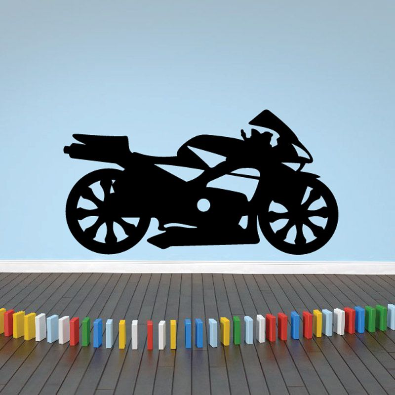 Black motorcycle vinyl wall decal with rider silhouette on a sportbike shape