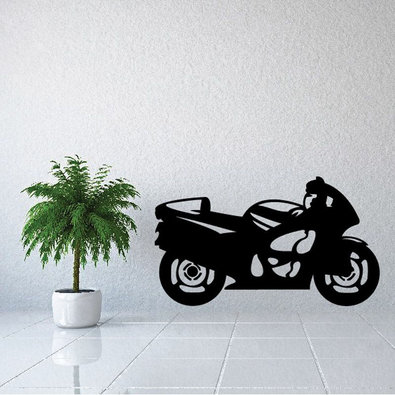 Motorcycle vinyl wall decal, black sport bike silhouette with wheels and handlebars
