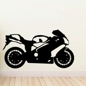 Black motorcycle vinyl wall decal silhouette with wheels and rider