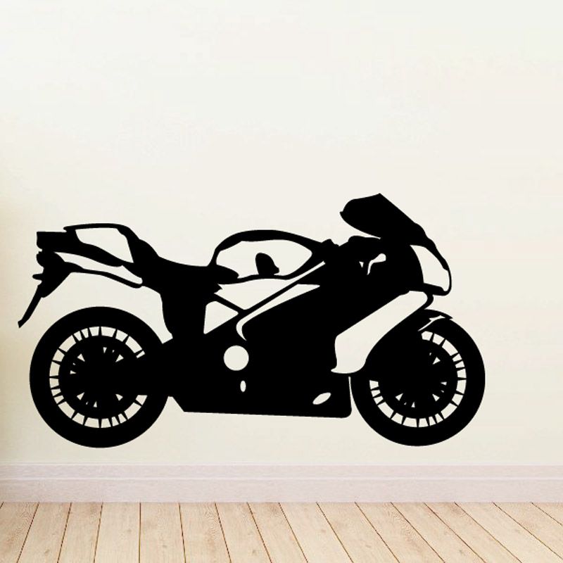 Black motorcycle vinyl wall decal silhouette with wheels and rider