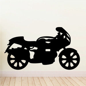 Black motorcycle wall decal vinyl sticker with rider silhouette and front wheel detail