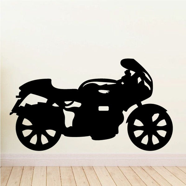 Black motorcycle wall decal vinyl sticker with rider silhouette and front wheel detail