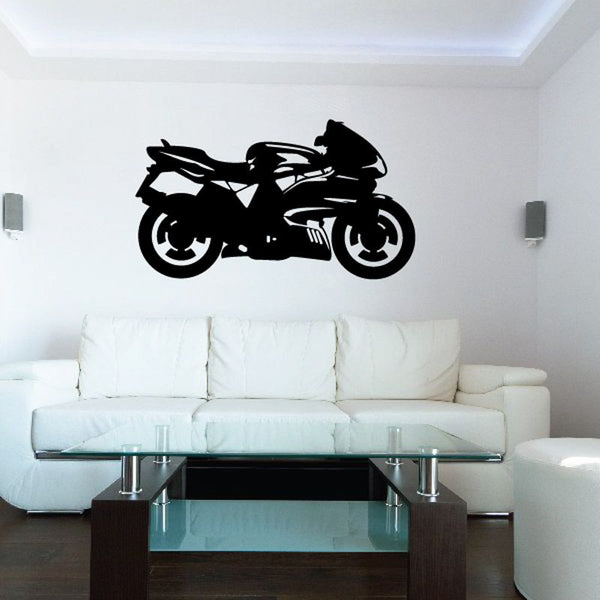 Motorcycle wall decal, black vinyl silhouette of a racing-style motorcycle