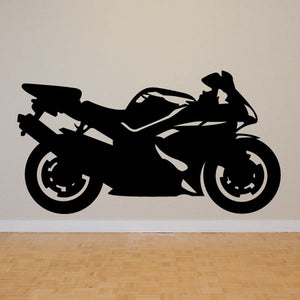 Motorcycle vinyl wall decal, black racing motorcycle silhouette on light surface