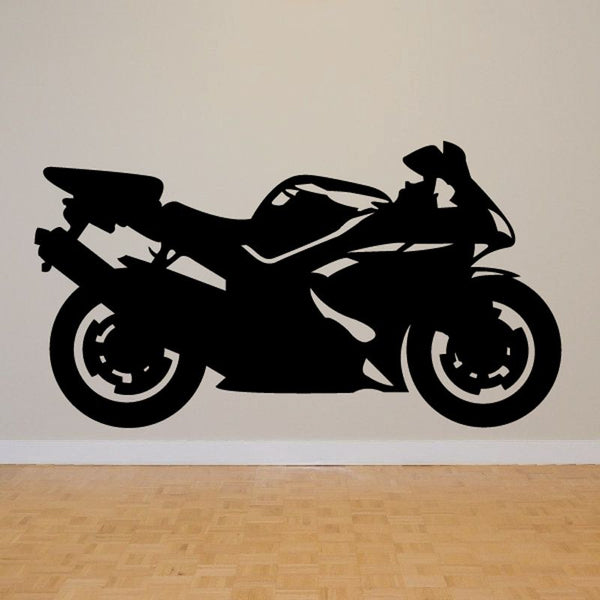 Motorcycle vinyl wall decal, black racing motorcycle silhouette on light surface