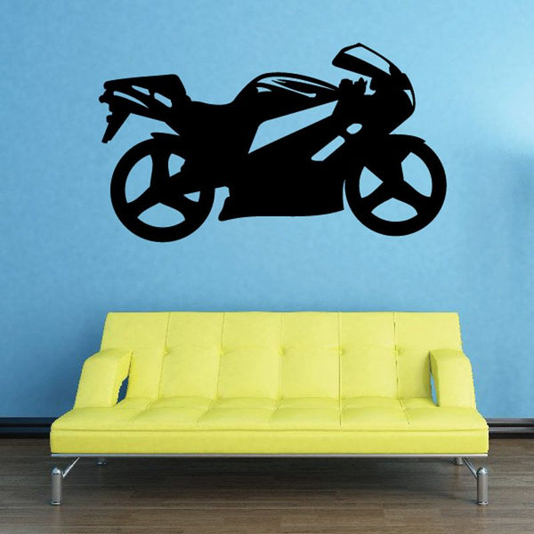 Motorcycle wall decal featuring a black sports motorcycle silhouette