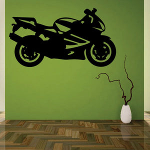 Black motorcycle vinyl wall decal silhouette with wheels and rider
