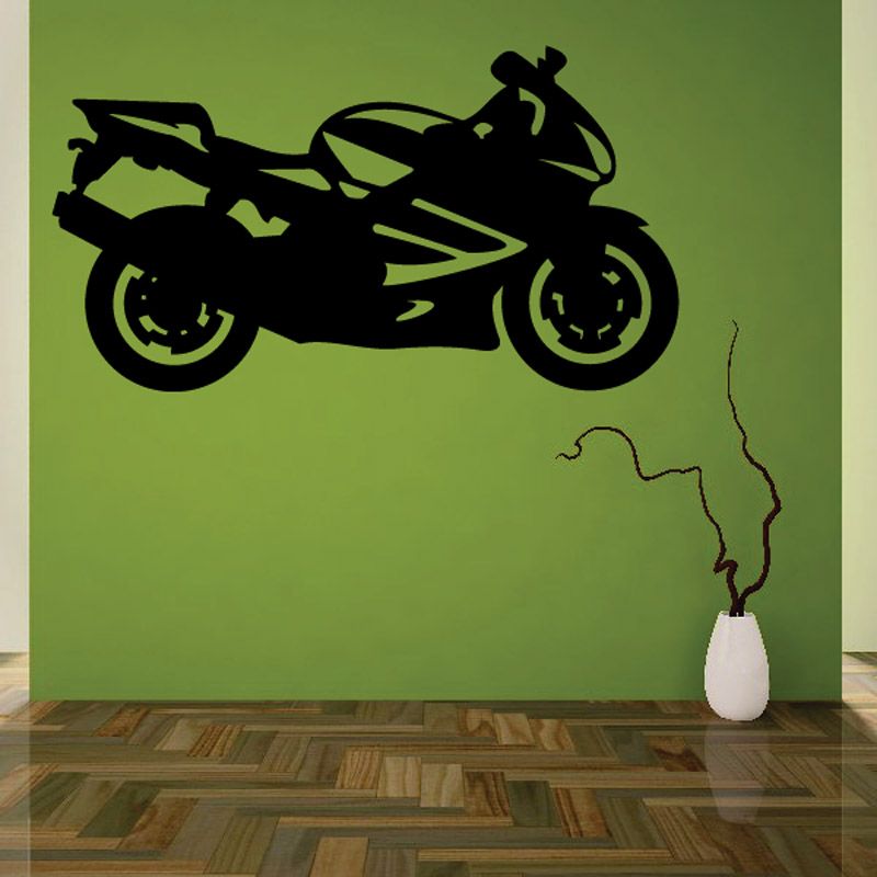 Black motorcycle vinyl wall decal silhouette with wheels and rider