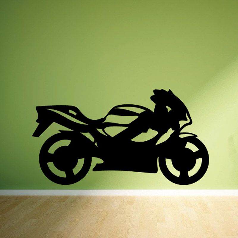 Motorcycle wall decal vinyl, black sport bike silhouette with rider