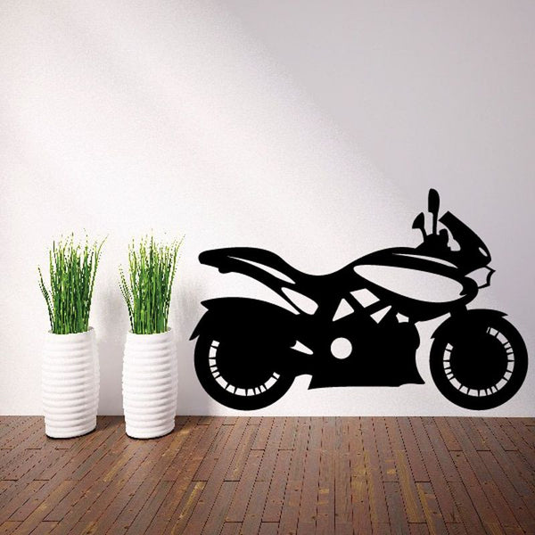 Motorcycle wall decal, black racing motorcycle silhouette with wheels and headlight