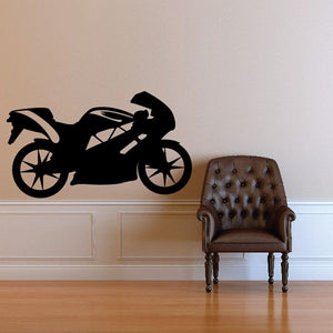 Motorcycle wall decal, black vinyl silhouette of a sports bike with wheels and rider.