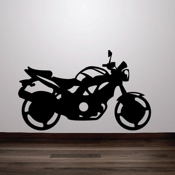 Black vinyl motorcycle wall decal with detailed bike silhouette.