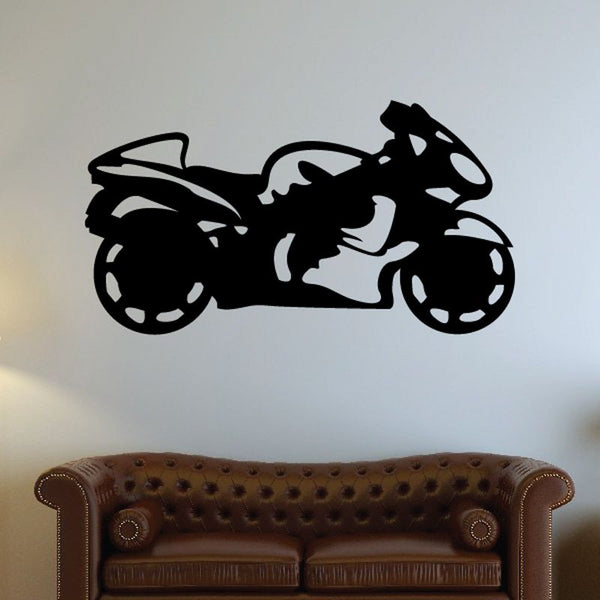Motorcycle wall decal vinyl with bold black sport bike silhouette, side view