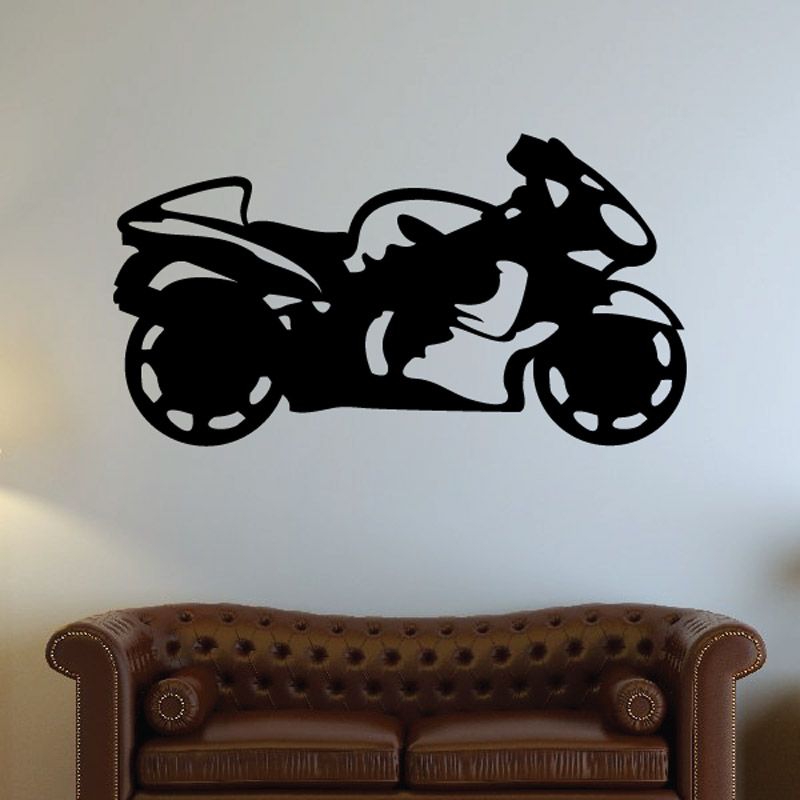 Motorcycle wall decal vinyl with bold black sport bike silhouette, side view