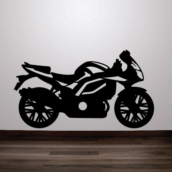 Motorcycle wall decal vinyl sticker, black racing bike silhouette with wheels and headlight