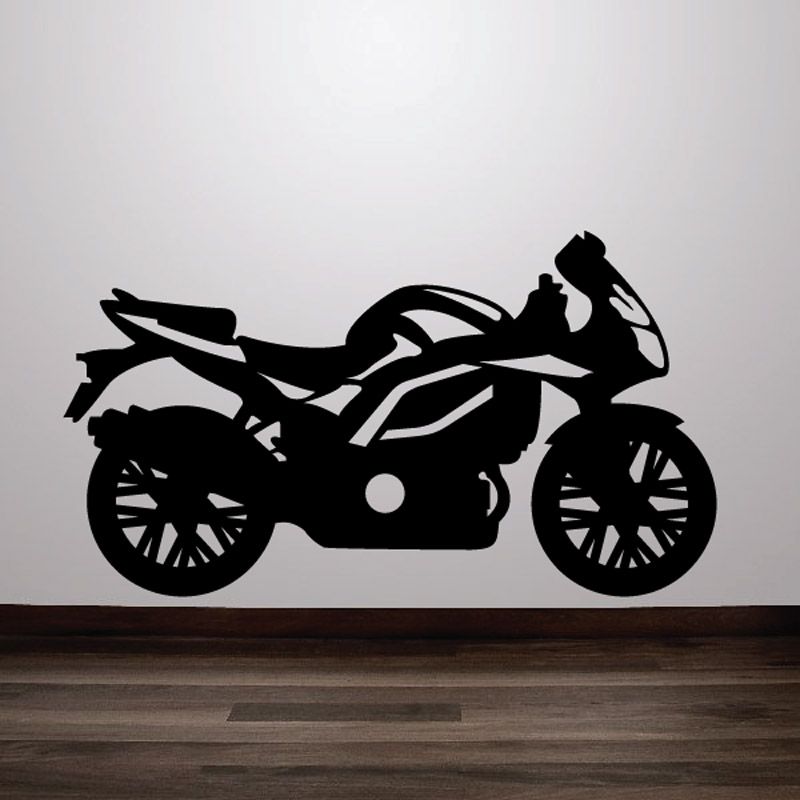 Motorcycle wall decal vinyl sticker, black racing bike silhouette with wheels and headlight