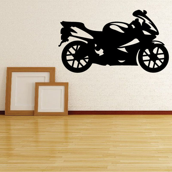 Black motorcycle vinyl wall decal silhouette with wheels and engine detail