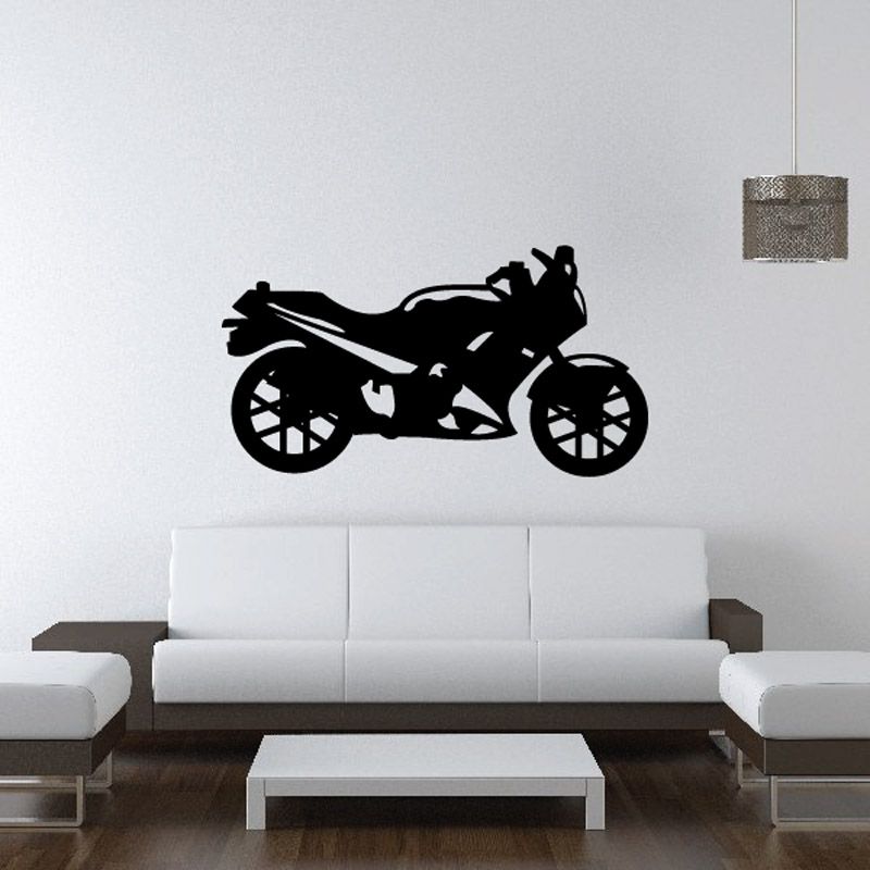 Motorcycle wall decal, black vinyl silhouette of a sports bike.