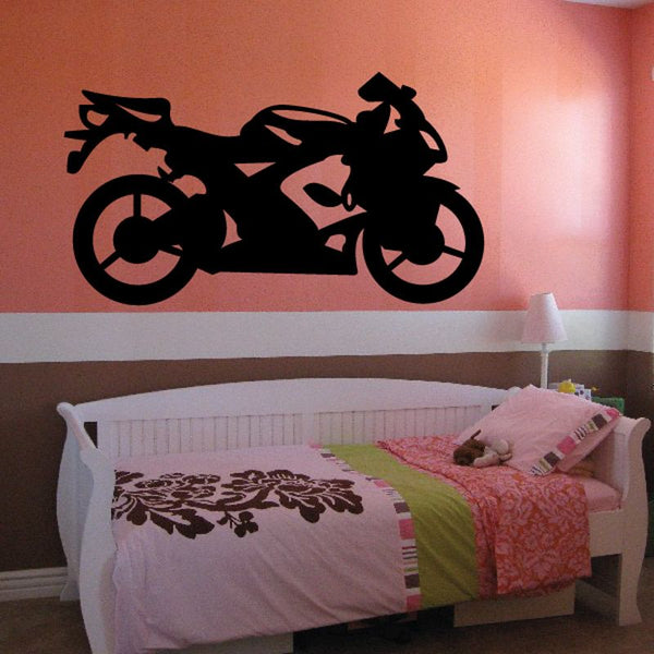 Motorcycle wall decal with black vinyl sport bike silhouette
