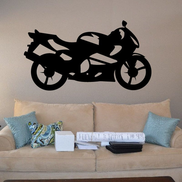 Black motorcycle wall decal sticker, vinyl cutout of a racing-style bike