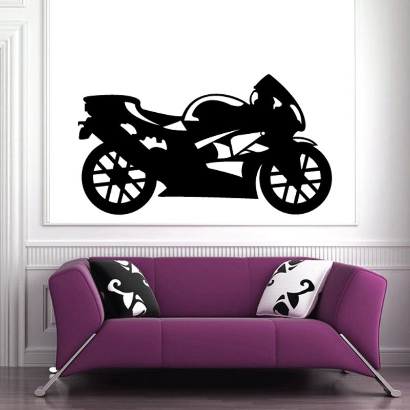 Black motorcycle wall decal in side profile, vinyl sticker design