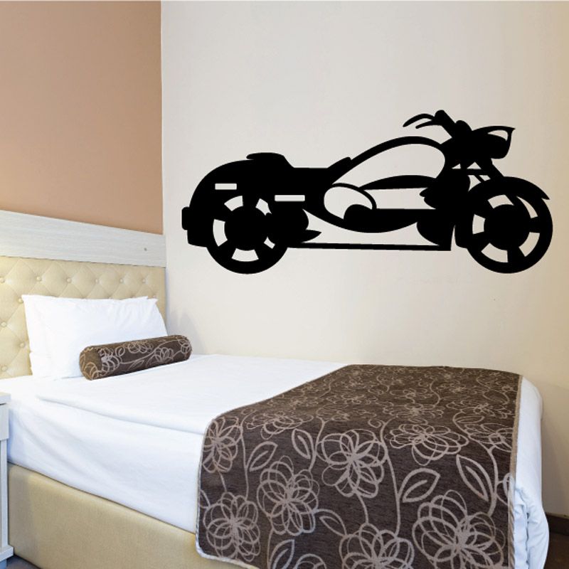 Black motorcycle wall decal sticker with wheels and handlebar silhouette