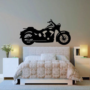 Motorcycle wall decal in black, side-view bike silhouette with front wheel detail