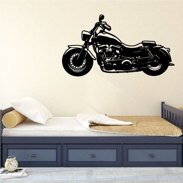 Black motorcycle wall vinyl decal, full riding bike silhouette with wheels and handlebars
