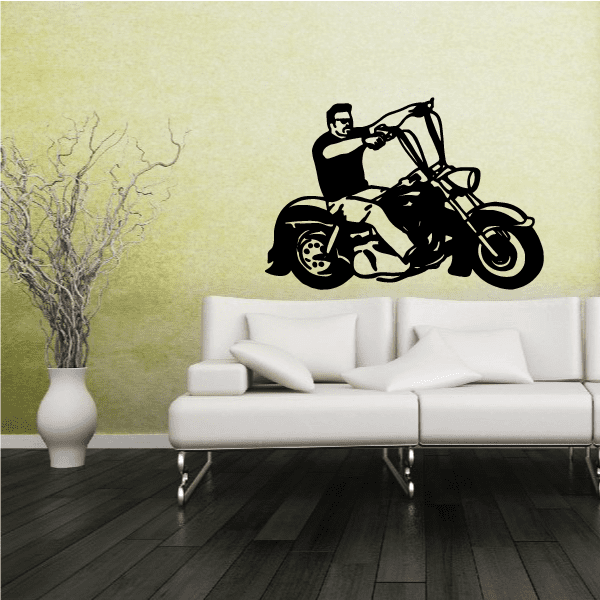 Motorcycle wall decal showing black rider on motorcycle, vinyl sticker