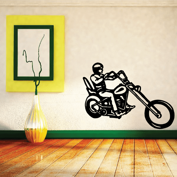 Black motorcycle wall decal with rider graphic in bold vinyl outline