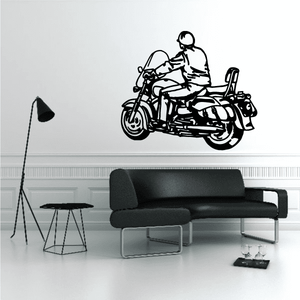 Motorcycle vinyl wall decal featuring a rider on a black motorcycle