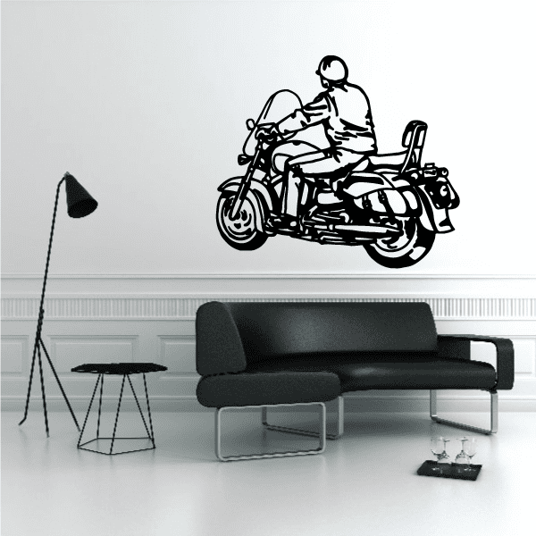 Motorcycle vinyl wall decal featuring a rider on a black motorcycle