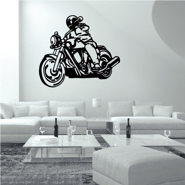 Motorcycle wall decal, black vinyl outline of a motorcycle on a light wall