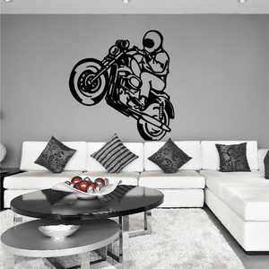 Motorcycle wall decal with black outline of a sport bike and rider