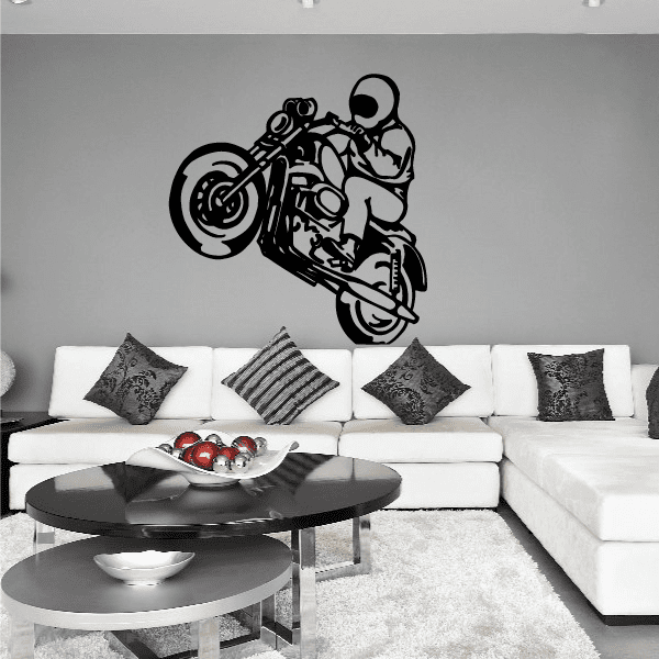 Motorcycle wall decal with black outline of a sport bike and rider