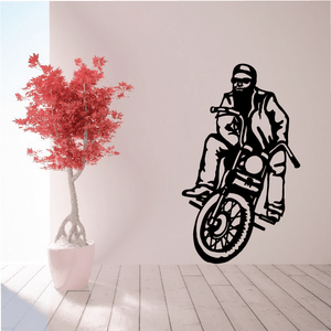 Motorcycle vinyl wall decal of a rider on a black motorcycle