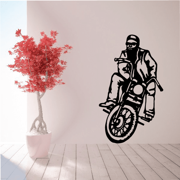 Motorcycle vinyl wall decal of a rider on a black motorcycle