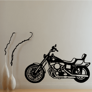 Black motorcycle wall decal vinyl, bold side profile with wheels and engine details